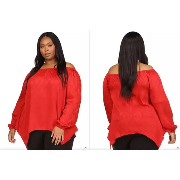 Michael Michael Kors NEW Crimson Red Blouse 2X Satin Off the Shoulder Snakeskin - Picture 2 of 10